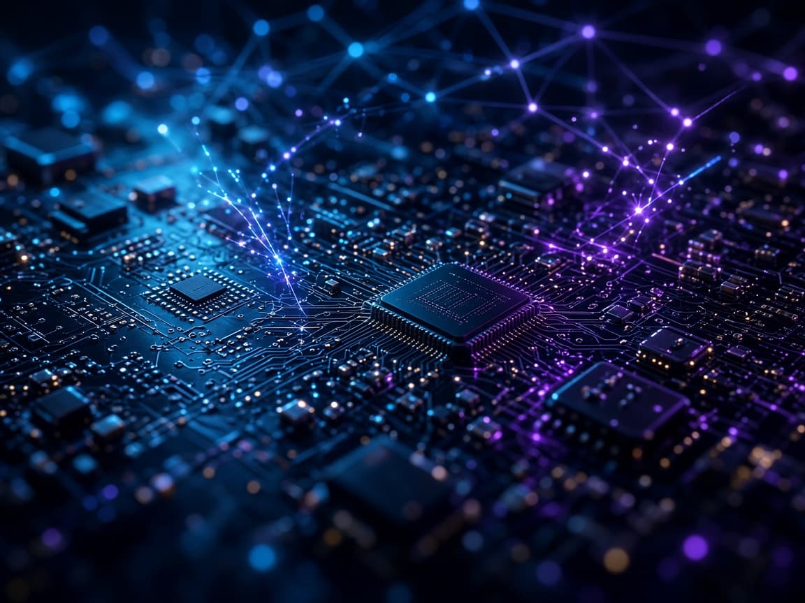 Circuit board with cyan and violet lighting